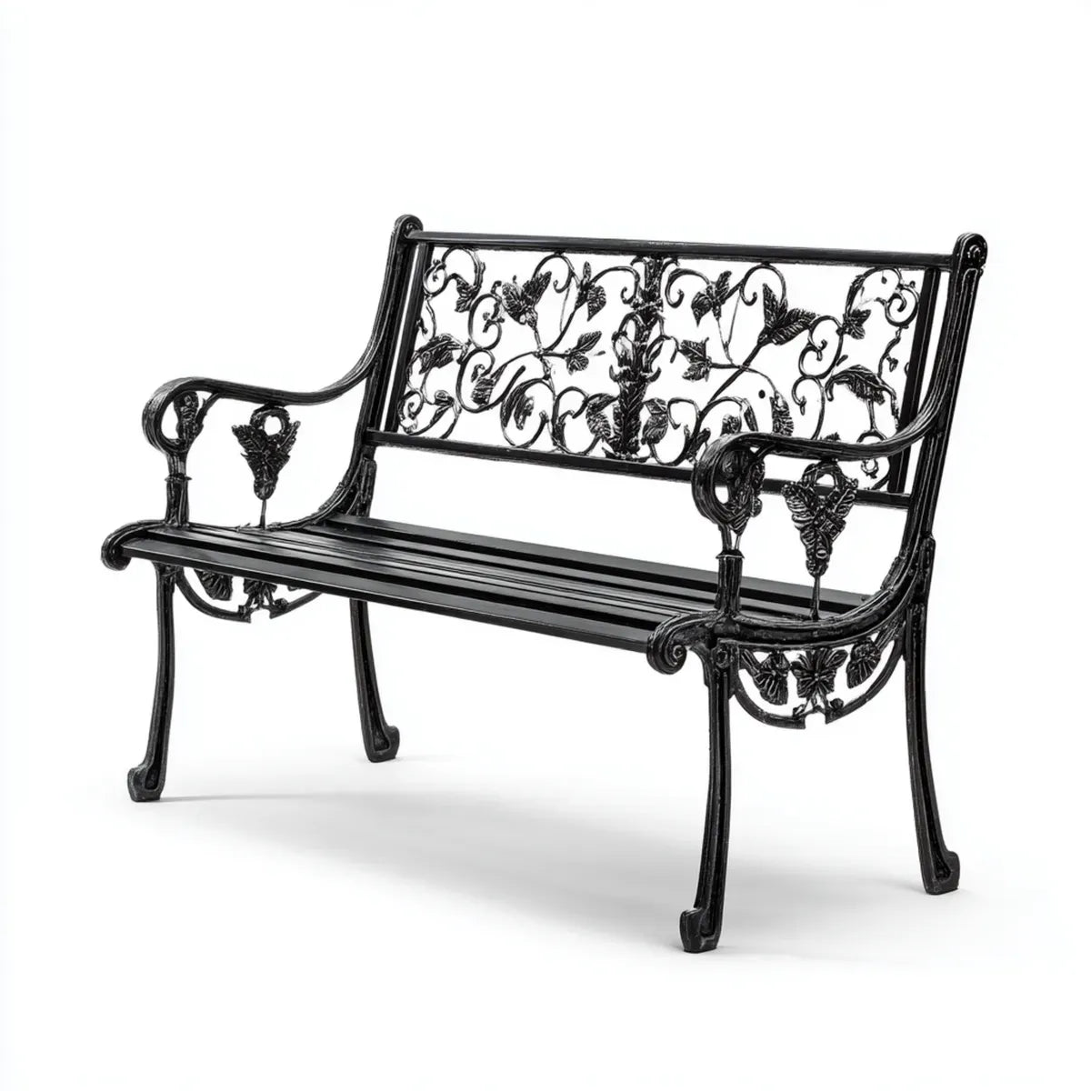 Ławka ogrodowa 2 czarne siedzenia w prostokątnym odlewie żelaza 122 x 56 x 87 cm