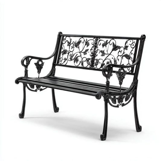 Ławka ogrodowa 2 czarne siedzenia w prostokątnym odlewie żelaza 122 x 56 x 87 cm