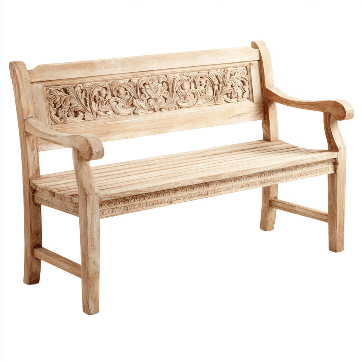 Ławka ogrodowa 2 beżowe kwadraty w litej rzeźbionej prostokątnej teku 120 x 65 x 95 cm