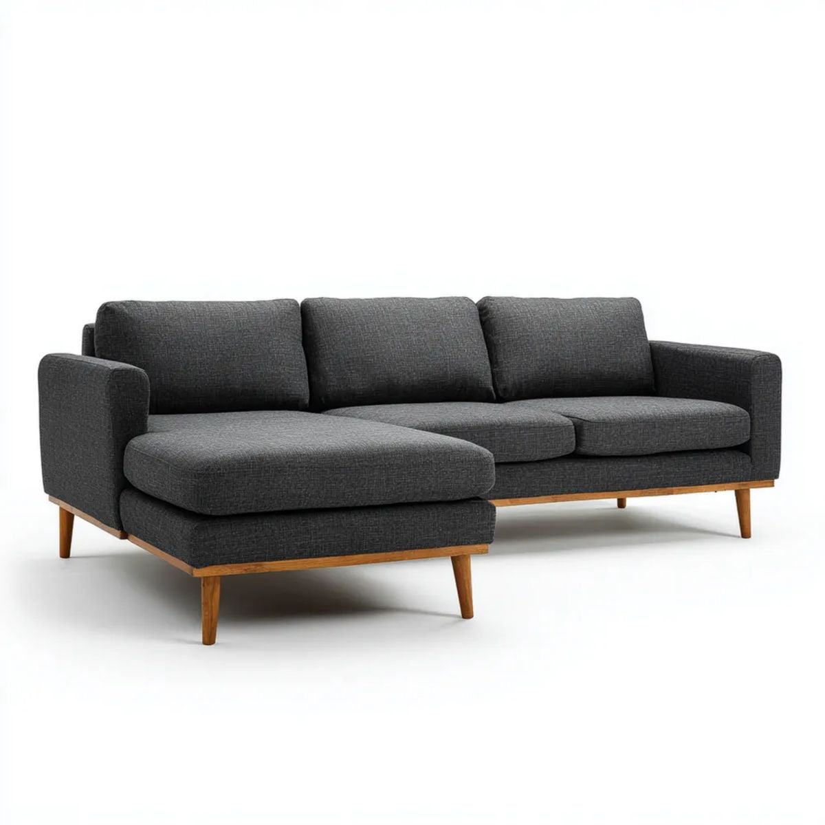 Sofa kąt stały 3 miejsca z szezlongiem lewym antracytu siwy, drewniana konstrukcja, 250 x 160 x 85 cm