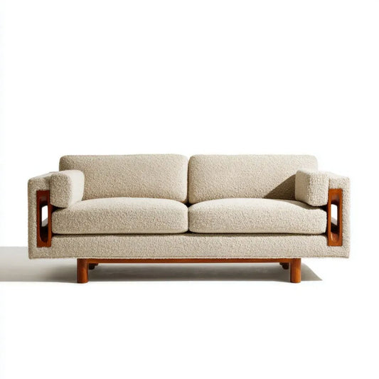 Sofa, 2-osobowa kremowy sofa w poliestrowym zatrzasku i litego drewna, 180 x 82 x 78 cm