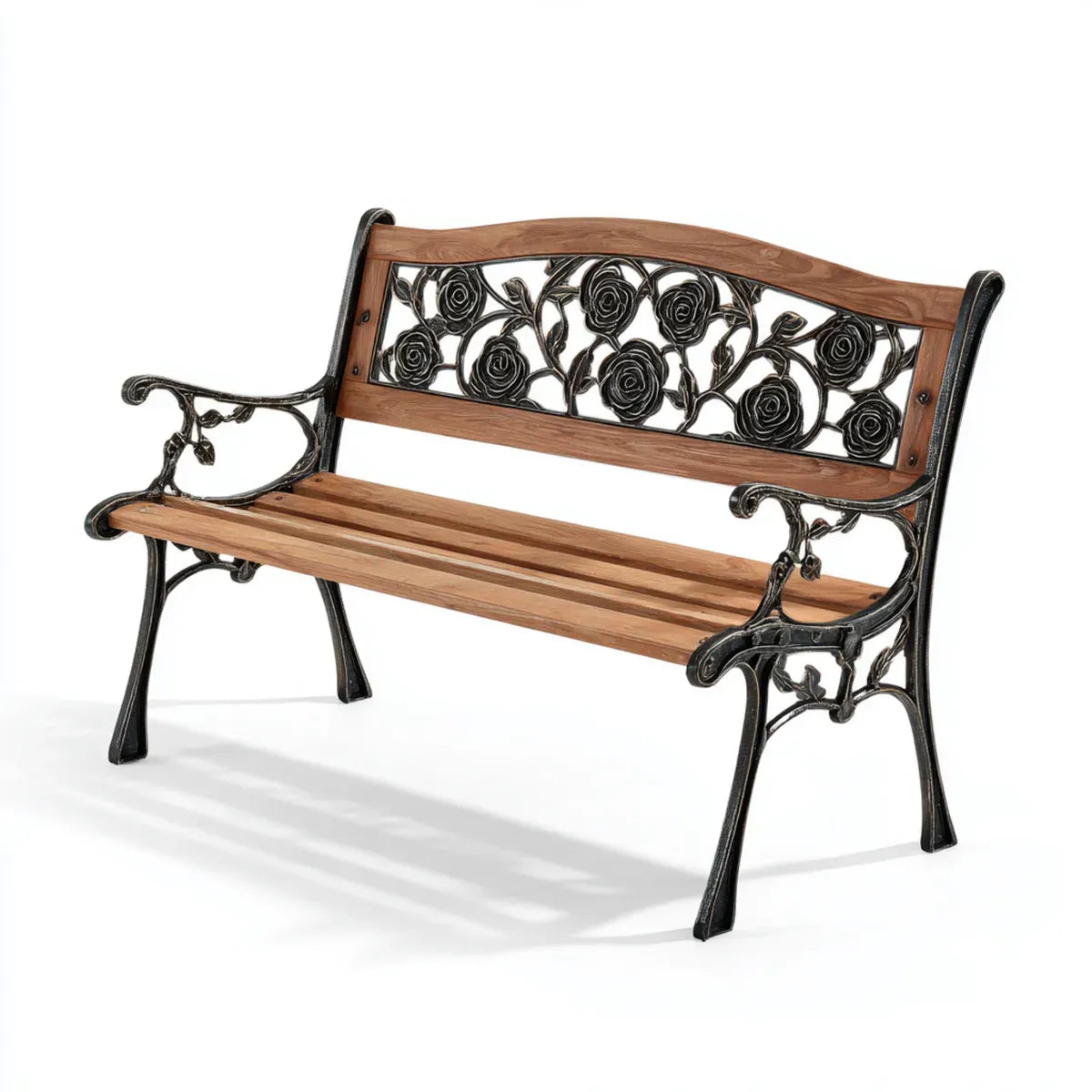 Ławka ogrodowa, 2 fotela czarny i brązowy ławka ogrodowa w litym drewna akacja i żeliwo 122 x 62 x 83 cm z kwiatów z tyłu