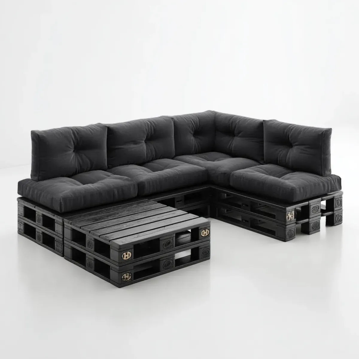 Sofa ogrodowa, Palety Lounge Zestaw czarny kształt litery L z drewna sosnowego i poduszki poliestrowej 220 x 160 cm