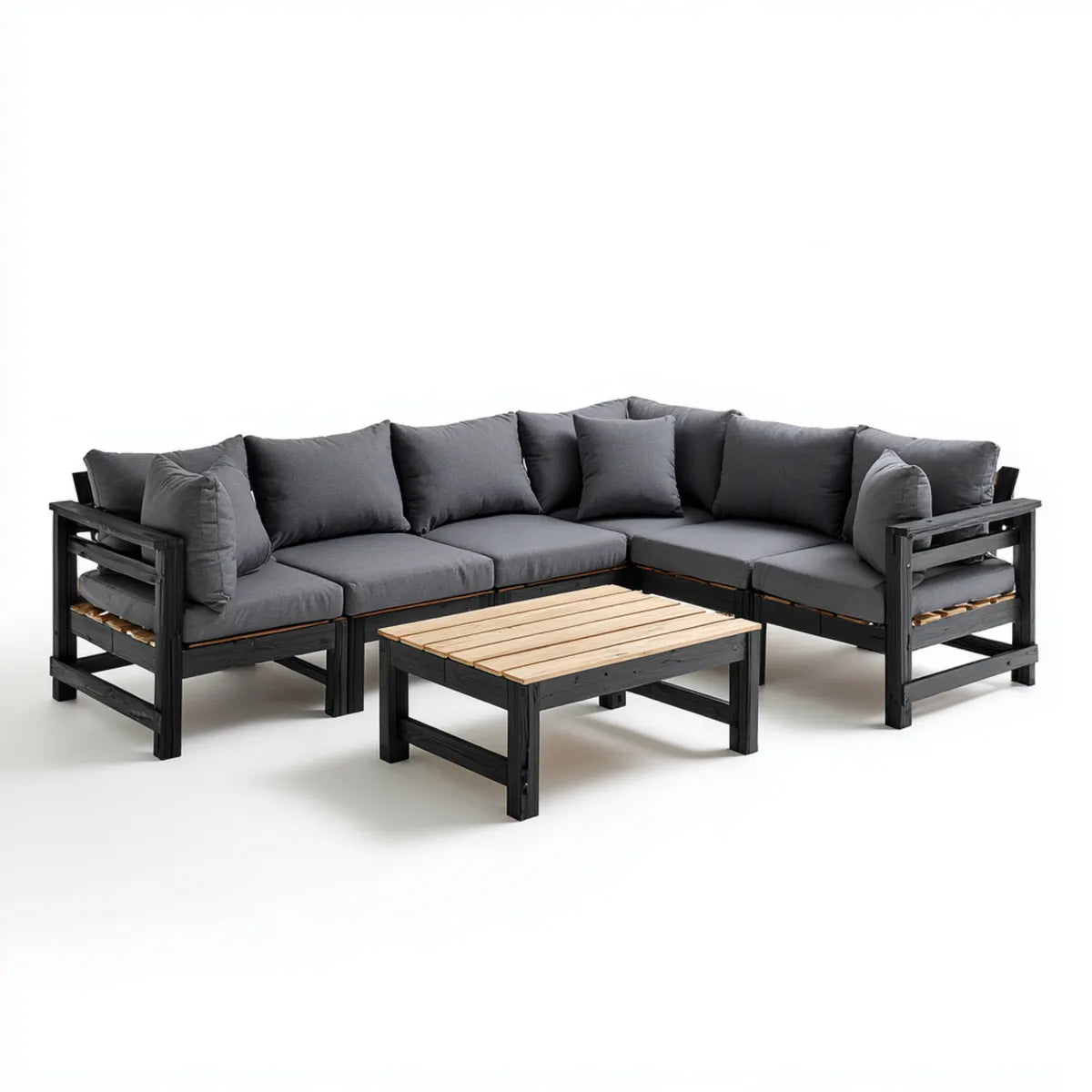Sofa ogrodowa, Meble ogrodowe d 'angle 5 czarno-szare fotele z drewnianym stołem do kawy 250 x 250 cm