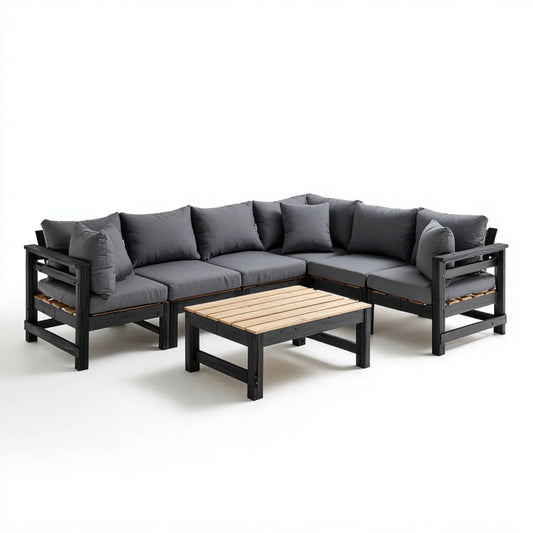 Sofa ogrodowa, Meble ogrodowe d 'angle 5 czarno-szare fotele z drewnianym stołem do kawy 250 x 250 cm