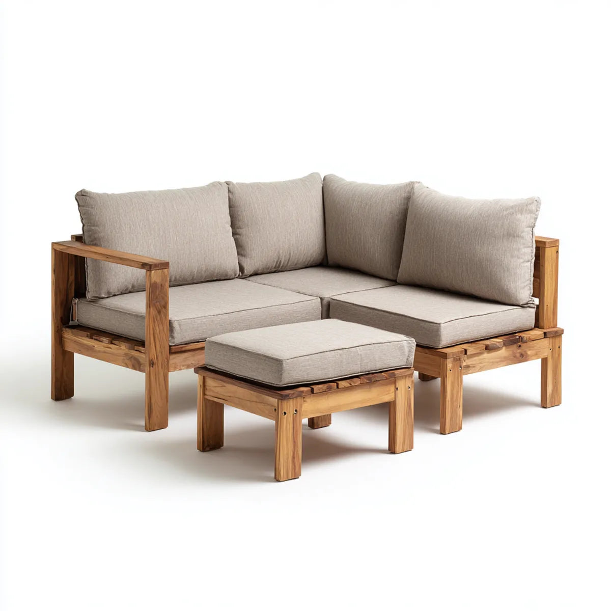 Sofa ogrodowa, Meble ogrodowe 3 kawałki beżowe w litej akacji z prostokątnym ottomanem 195 x 75 x 75 cm