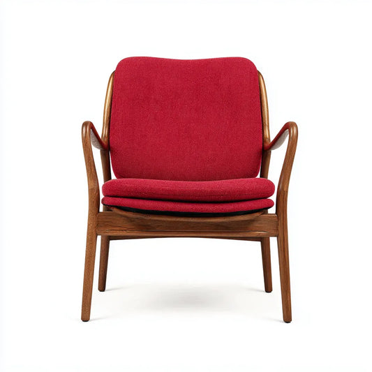 Fotel, Czerwony fotel w poliestrze i litym drewnie orzechowym prostokątny kształt 68 x 76 x 88 cm