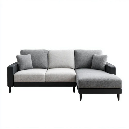 Sofa, 3-osobowa poliestrowy czarny i szary sofa z szezlongiem w prawo 220 x 150 x 85 cm