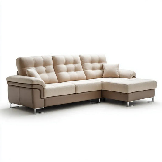 Sofa, Fotelik z sofą z szezlongiem beżowym PU, 260 x 165 x 88 cm