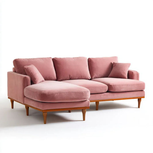 Sofa, 3-osobowa sofa z lewym szezlongiem różowym poliester aksamit poliestrowy effect i drewniany deptease footfoot 240 x 150 x 85 cm
