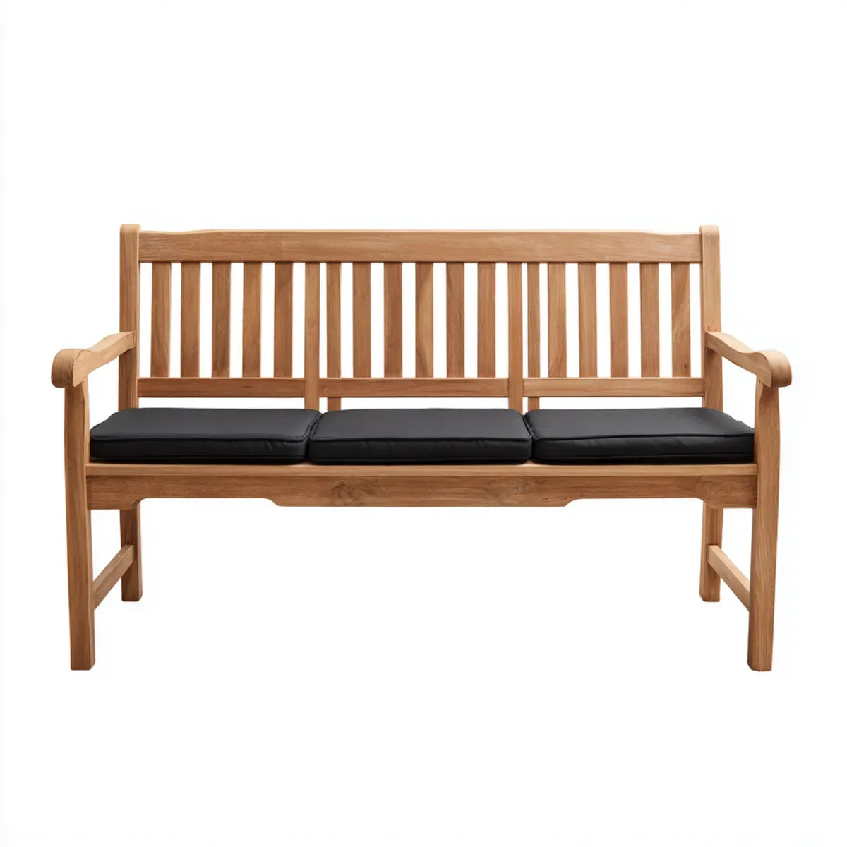 Ławka ogrodowa 3 miejsca w litej, naturalnej teku z czarną poduszką 150 x 62 x 92 cm prostokątna