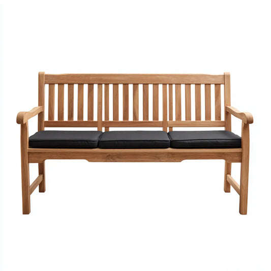 Ławka ogrodowa 3 miejsca w litej, naturalnej teku z czarną poduszką 150 x 62 x 92 cm prostokątna