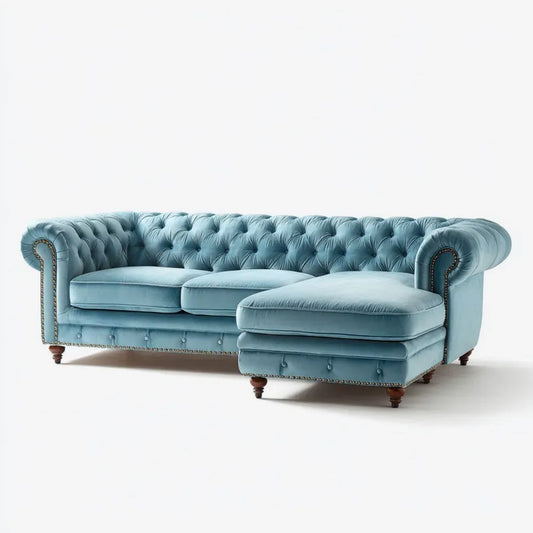 Sofa, Chesterfield sofa 3 fotele z synonimem w niebieskim oleju cementowym, 250 x 165 x 78 cm